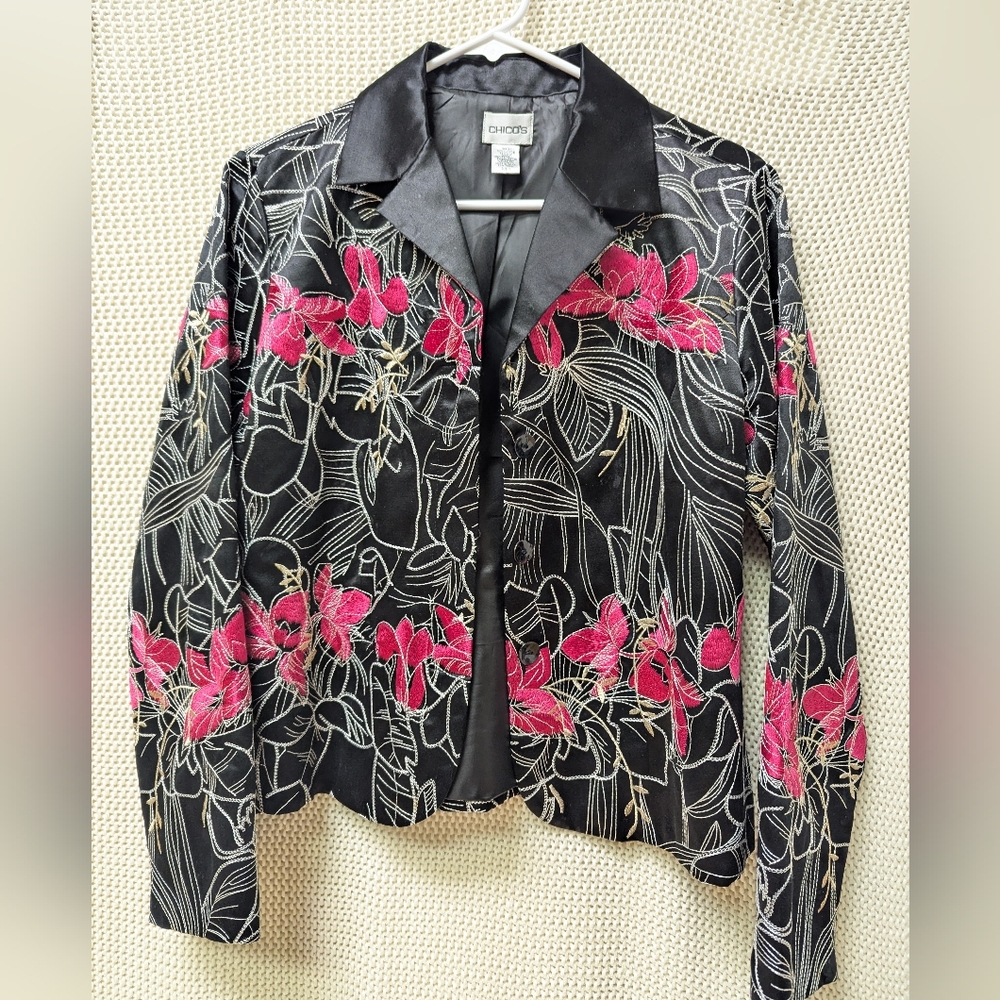 Chicos Silk Blend Colorful Embroidered Floral Blazer Jacket Lined Women 1 M/8